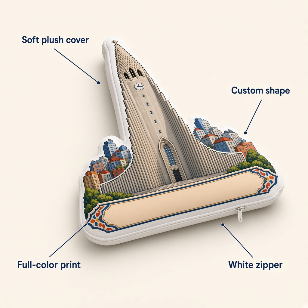 Hallgrímskirkja pillow features: soft plush cover, custom shape, full-color print, and white zipper