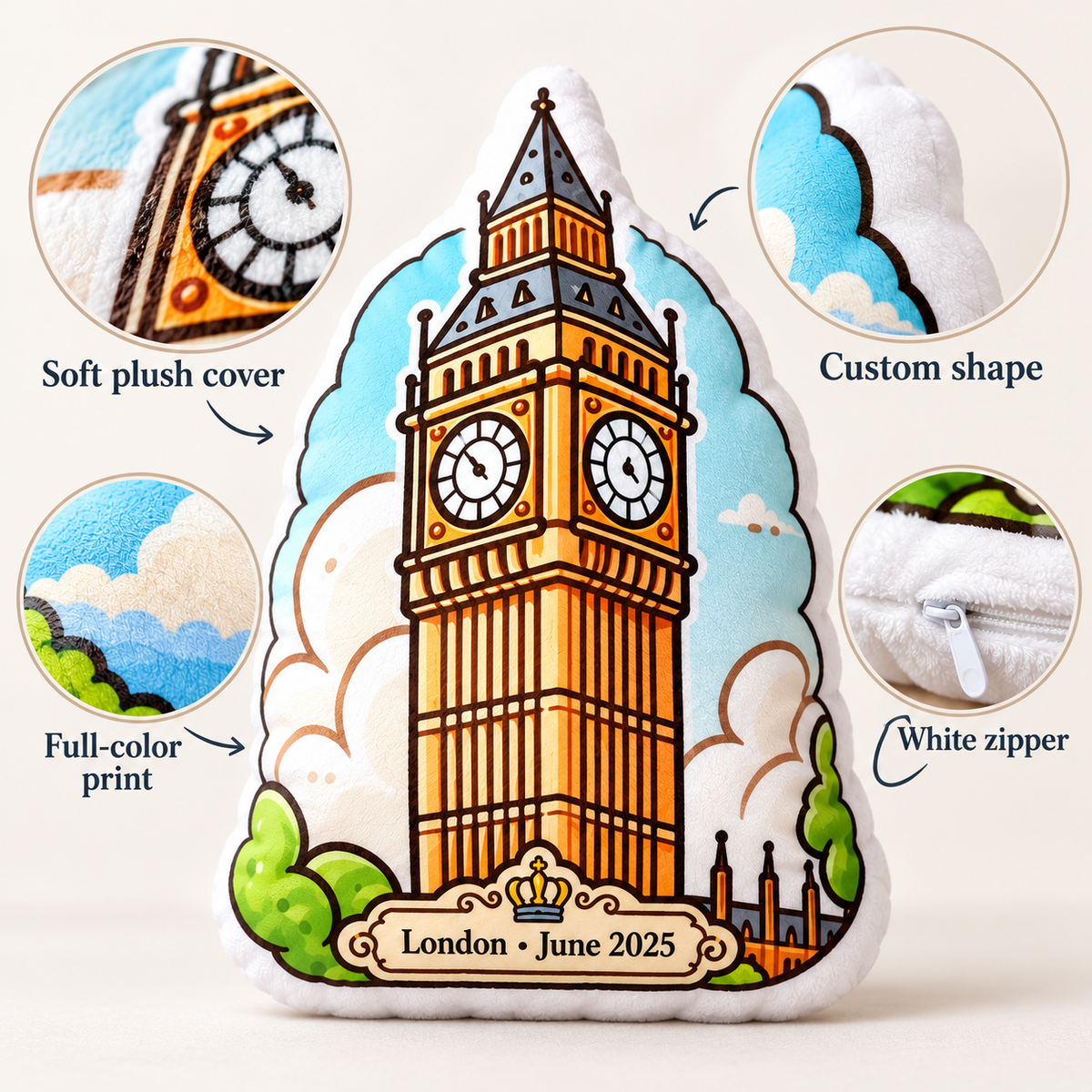 Big Ben pillow features including plush cover custom shape full-color print and white zipper