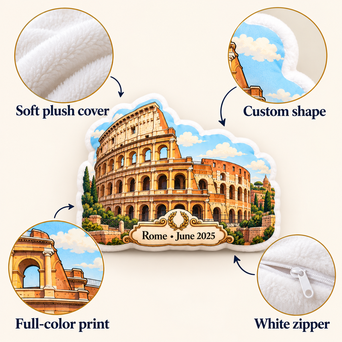 Colosseum pillow features including plush cover custom shape full-color print and white zipper