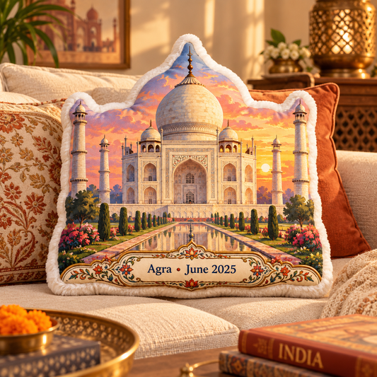 Taj Mahal pillow styled in a warm India-inspired living room