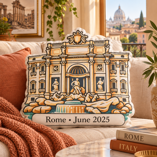 Trevi Fountain pillow styled in a warm Rome-inspired living room