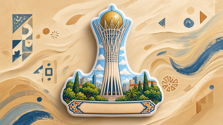 Illustrated Kazakhstan landmark pillow collection — country travel keepsakes