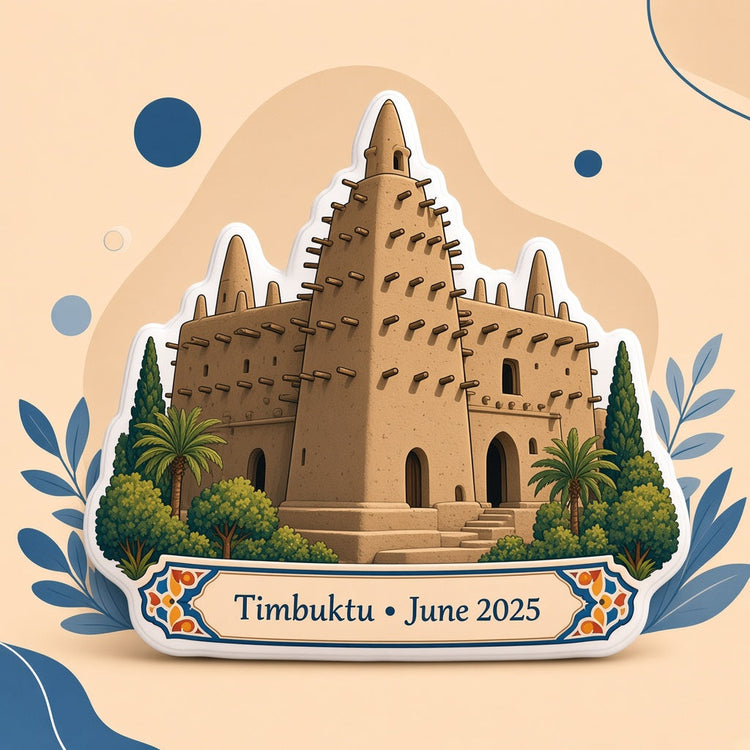 Illustrated timbuktu landmark pillow collection — travel keepsakes