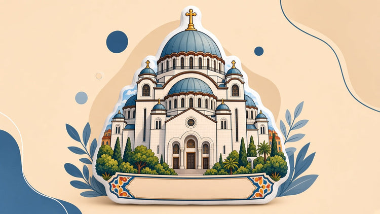 Illustrated Serbia landmark pillow collection — country travel keepsakes