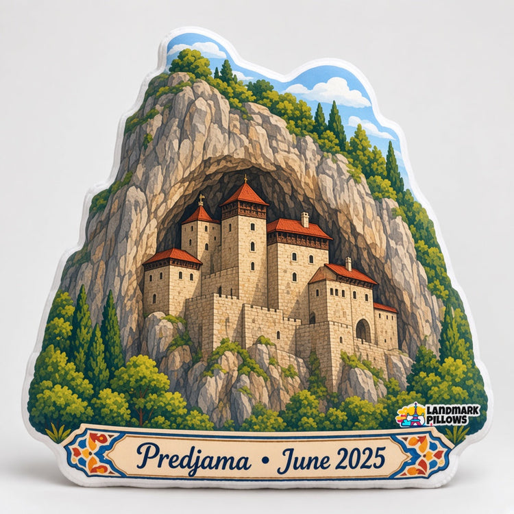 Illustrated predjama landmark pillow collection — travel keepsakes