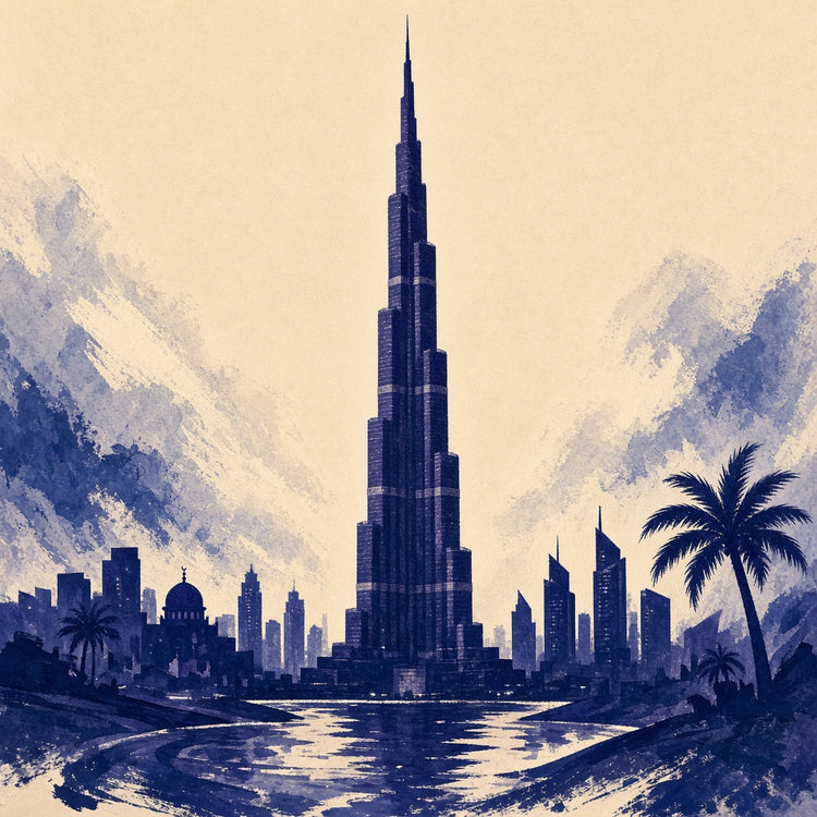 Illustrated Dubai landmark pillow collection — city travel keepsakes