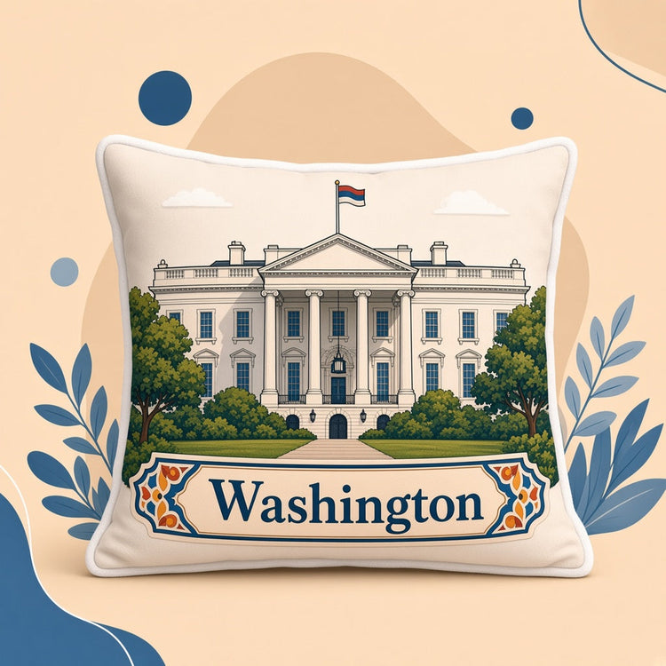 Illustrated washington landmark pillow collection — travel keepsakes