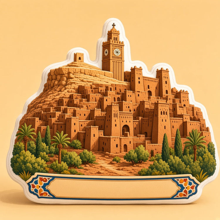 Illustrated ait benhaddou landmark pillow collection â€” travel keepsakes