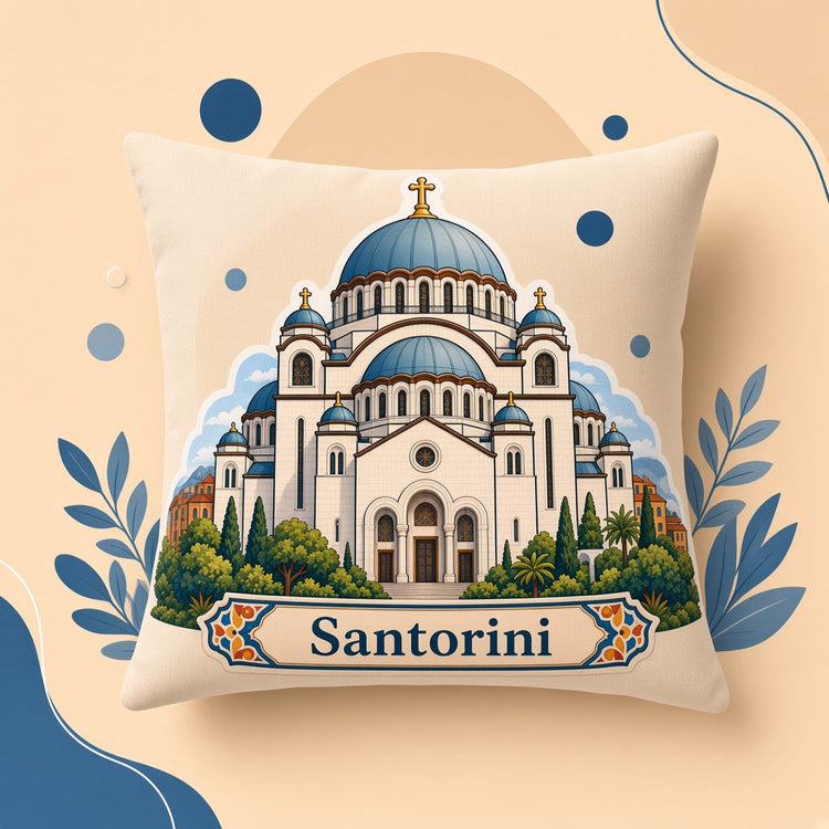 Illustrated santorini landmark pillow collection — travel keepsakes