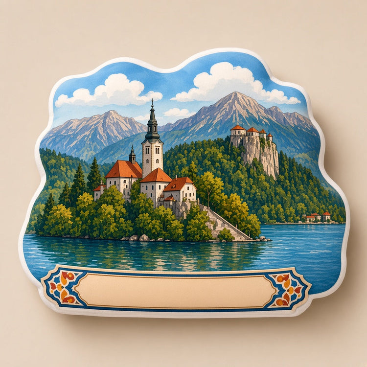 Illustrated bled landmark pillow collection â€” travel keepsakes