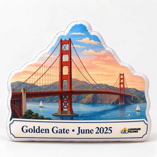 Golden Gate Bridge Pillow hero image featuring the illustrated San Francisco landmark and personalized plaque.
