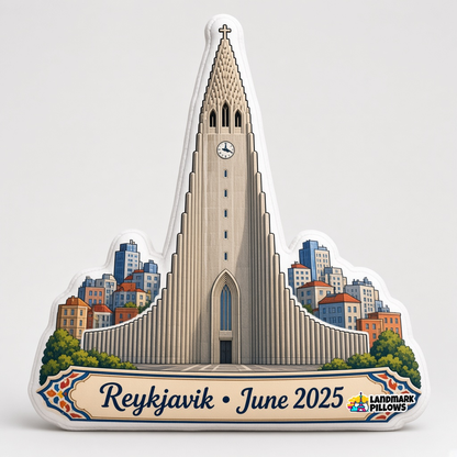 Custom-shaped Hallgrímskirkja plush pillow with a Reykjavik plaque