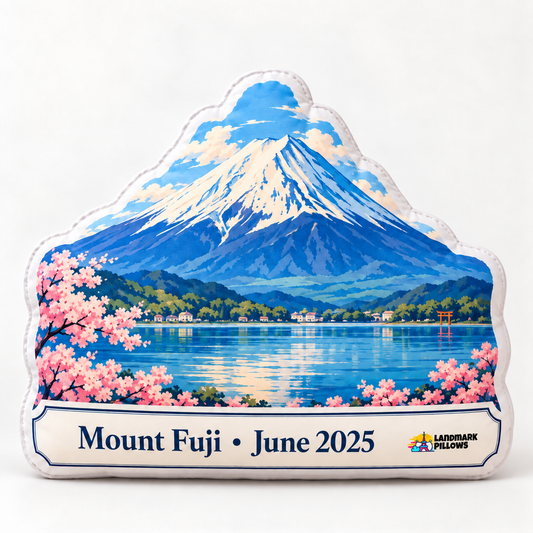 Mount Fuji Pillow custom shaped plush cushion with illustrated Mount Fuji, Lake Kawaguchi and cherry blossoms; plaque reads Mount Fuji • June 2025.