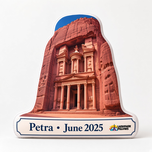 Petra Pillow hero image featuring the illustrated Treasury of Petra and personalized plaque.