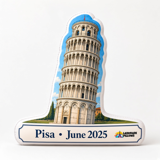 Leaning Tower of Pisa Pillow hero image featuring the illustrated marble tower and personalized plaque.