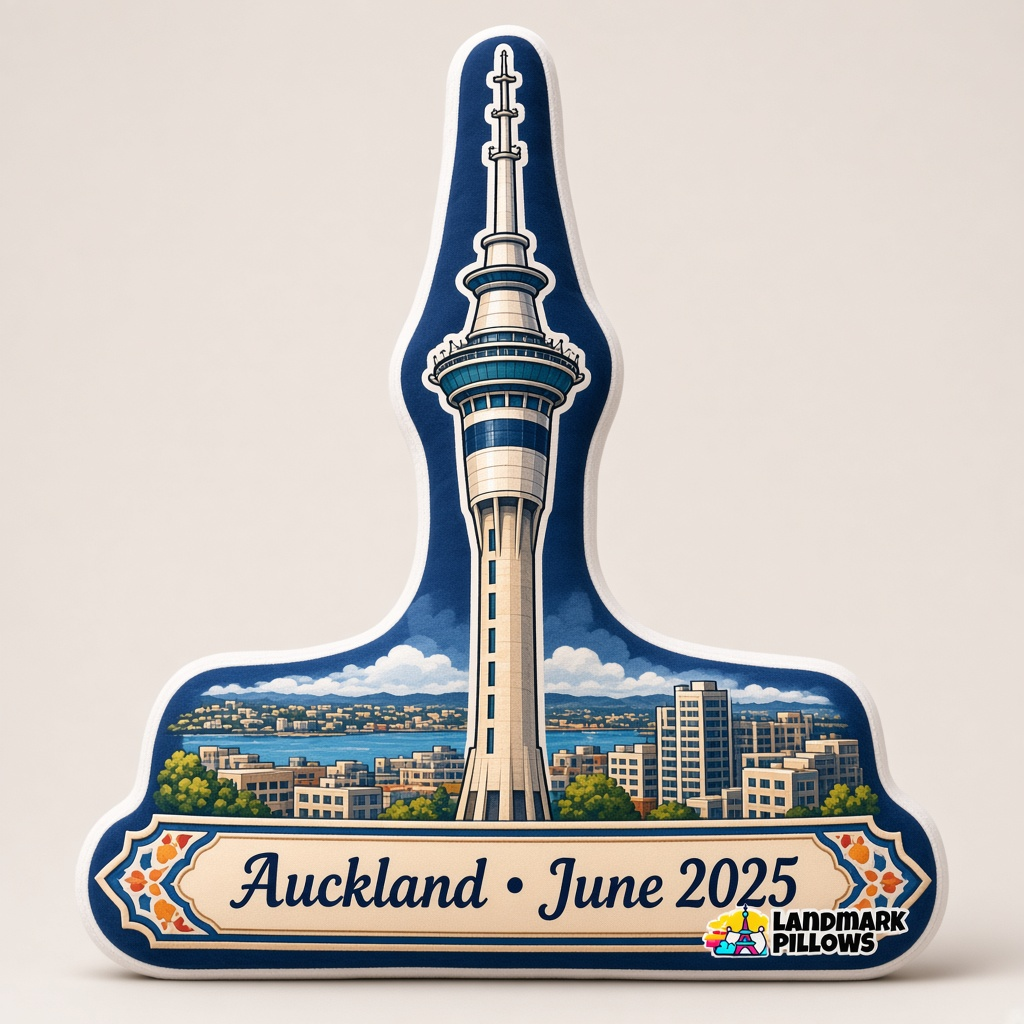 Custom-shaped Sky Tower plush pillow with an Auckland plaque