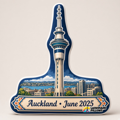 Custom-shaped Sky Tower plush pillow with an Auckland plaque