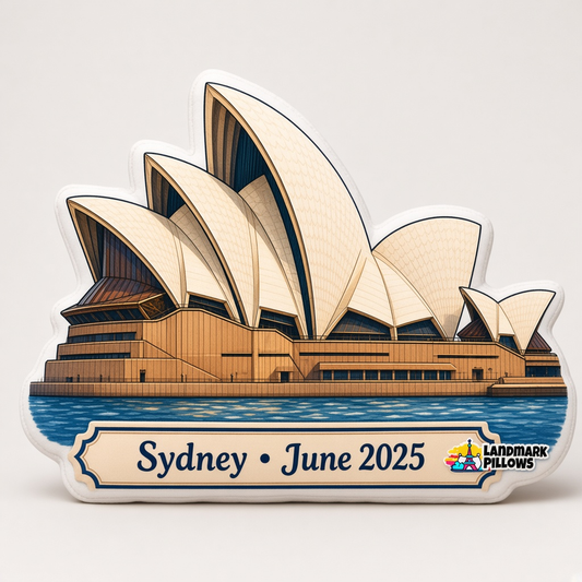 Sydney Opera House Pillow hero image featuring the illustrated landmark and personalized plaque.