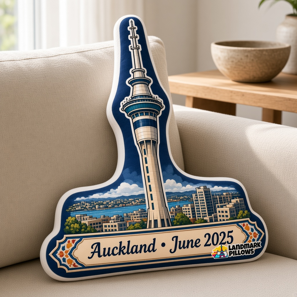 Sky Tower pillow on a linen sofa at home