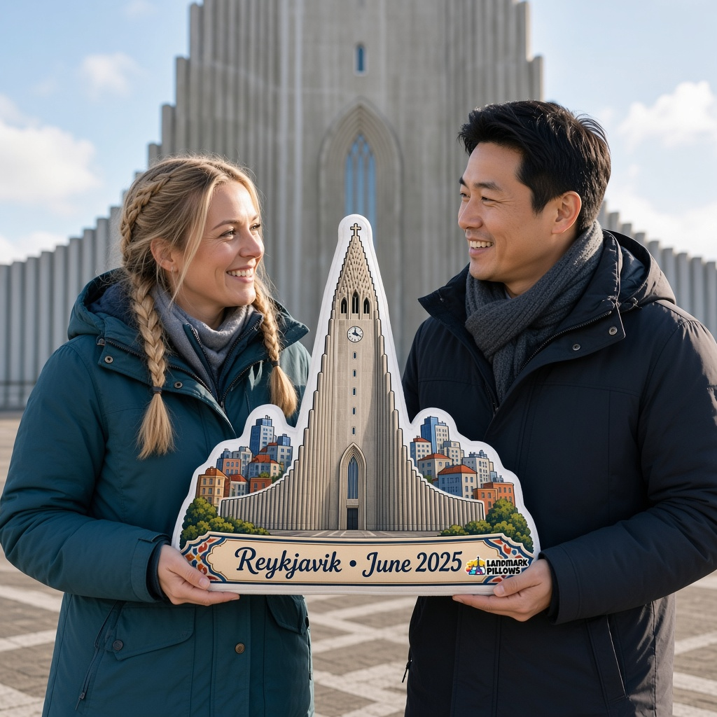 Couple holding a Hallgrímskirkja pillow in Reykjavik
