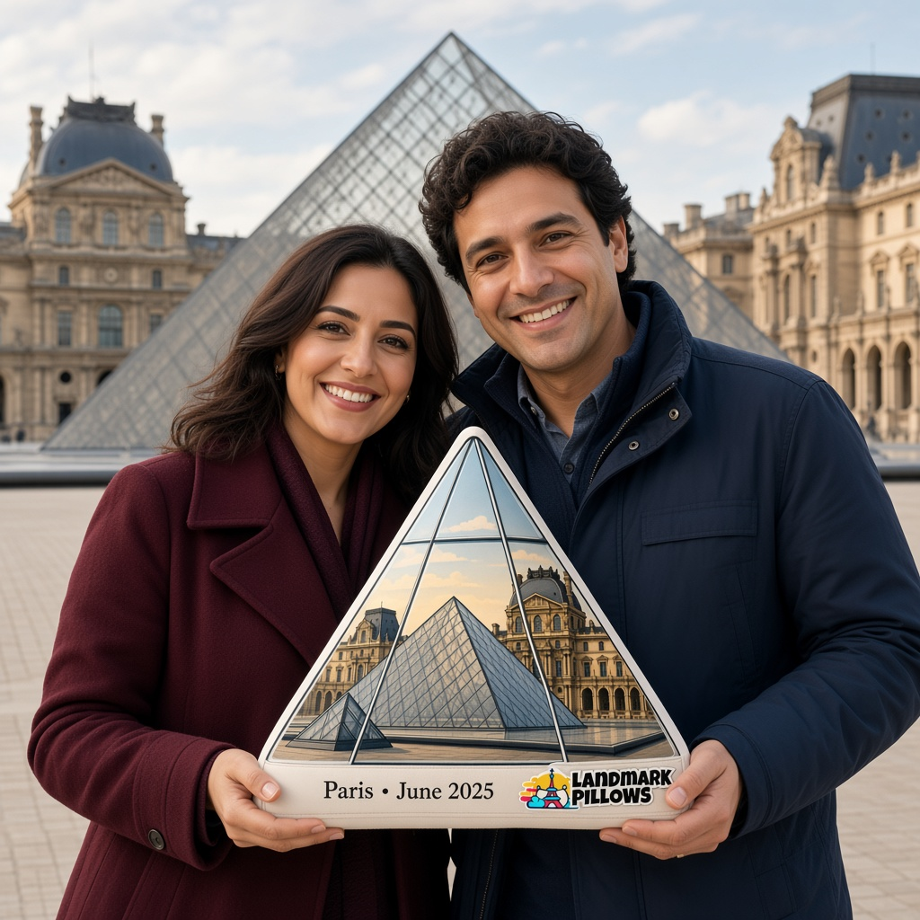 Louvre Pyramid Pillow with travelers