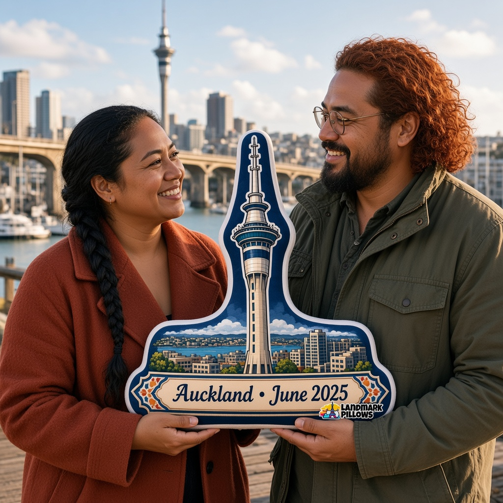 Couple holding a Sky Tower pillow at Auckland harbour