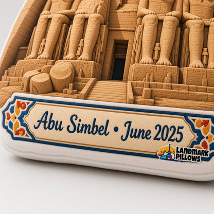 Abu Simbel Pillow — personalization plaque detail
