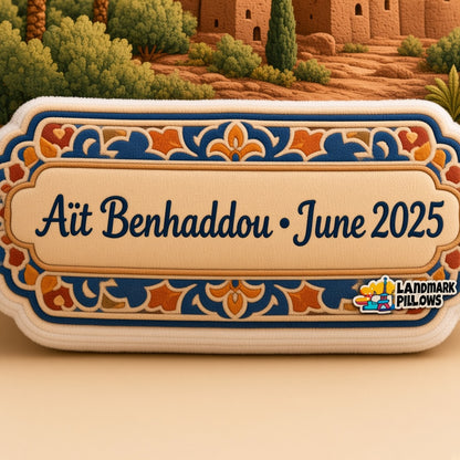 Aït Benhaddou Pillow â€” personalization plaque detail