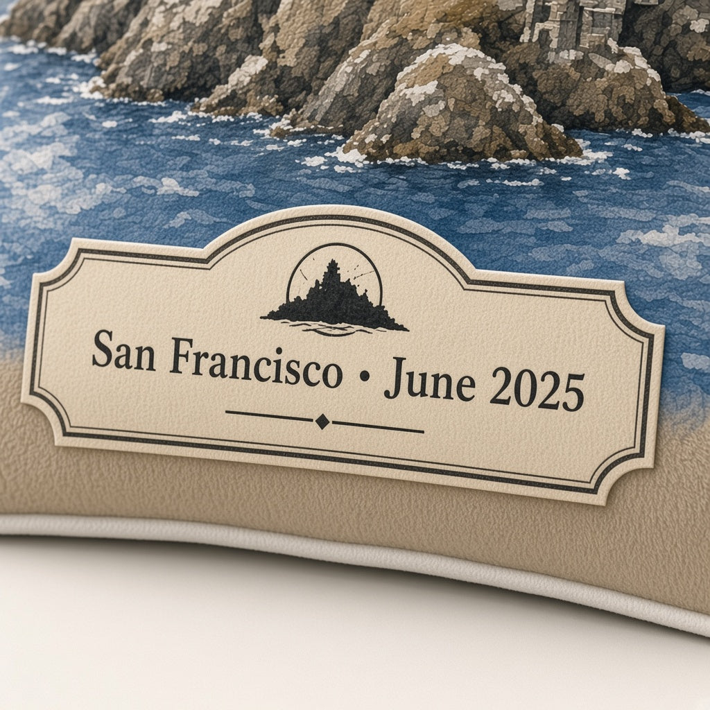 Alcatraz Pillow — personalization plaque detail