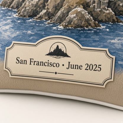 Alcatraz Pillow — personalization plaque detail