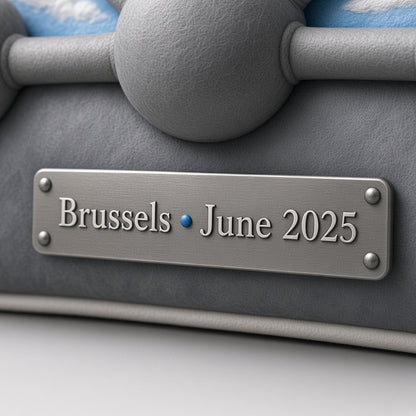 Atomium Pillow — personalization plaque detail