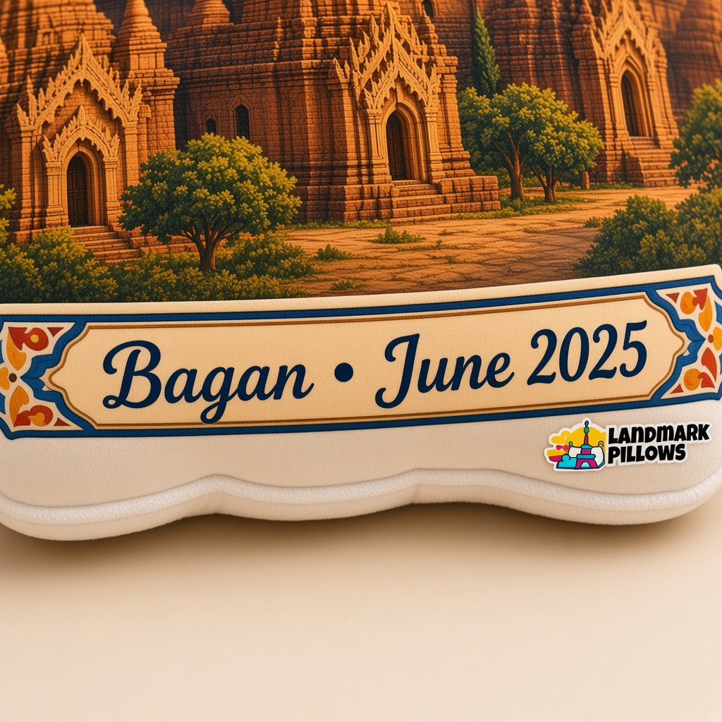 Bagan Pillow â€” personalization plaque detail