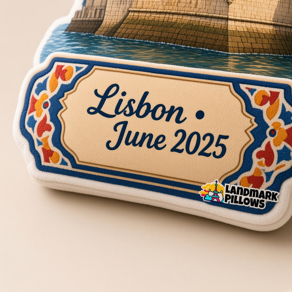 Belém Tower Pillow — personalization plaque detail
