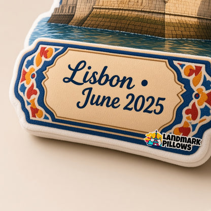 Belém Tower Pillow — personalization plaque detail