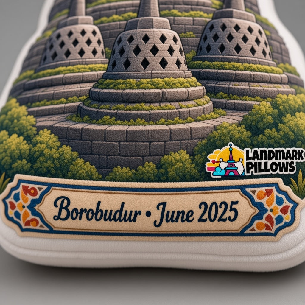 Borobudur Pillow — personalization plaque detail