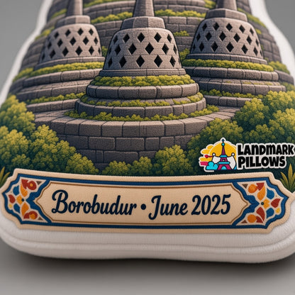 Borobudur Pillow — personalization plaque detail
