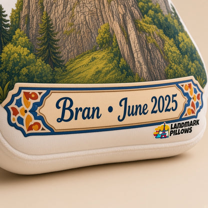 Bran Castle Pillow â€” personalization plaque detail