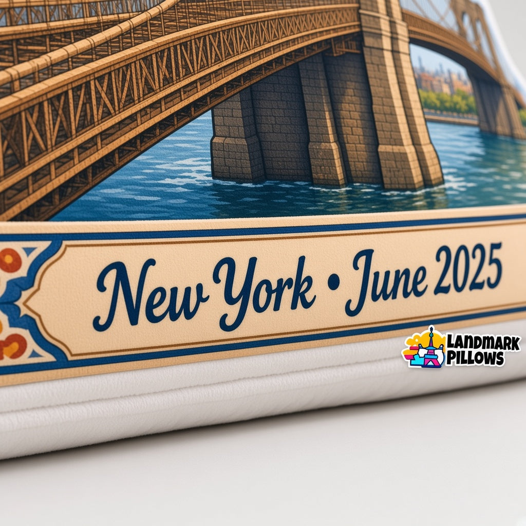 Brooklyn Bridge Pillow — personalization plaque detail