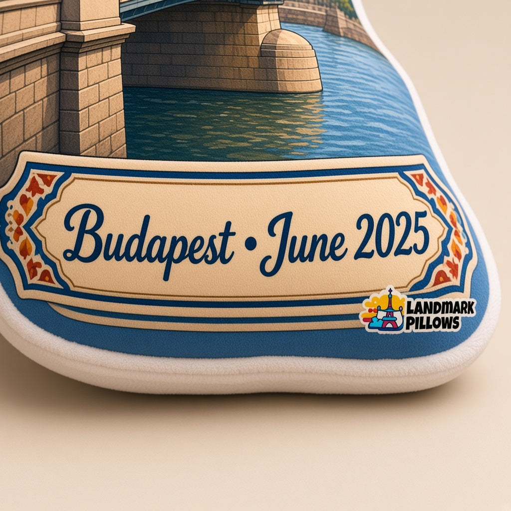 Chain Bridge Pillow â€” personalization plaque detail