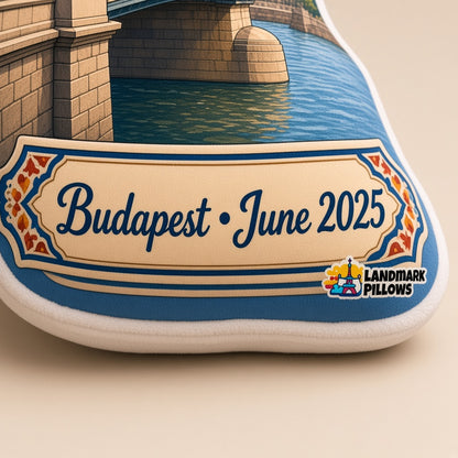 Chain Bridge Pillow â€” personalization plaque detail