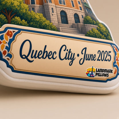 Château Frontenac Pillow â€” personalization plaque detail