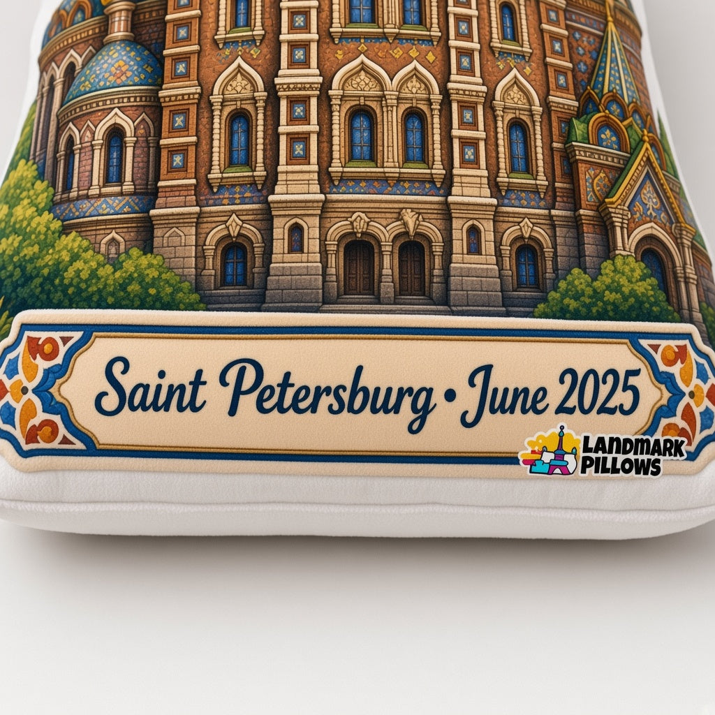 Church of the Savior on Spilled Blood Pillow — personalization plaque detail