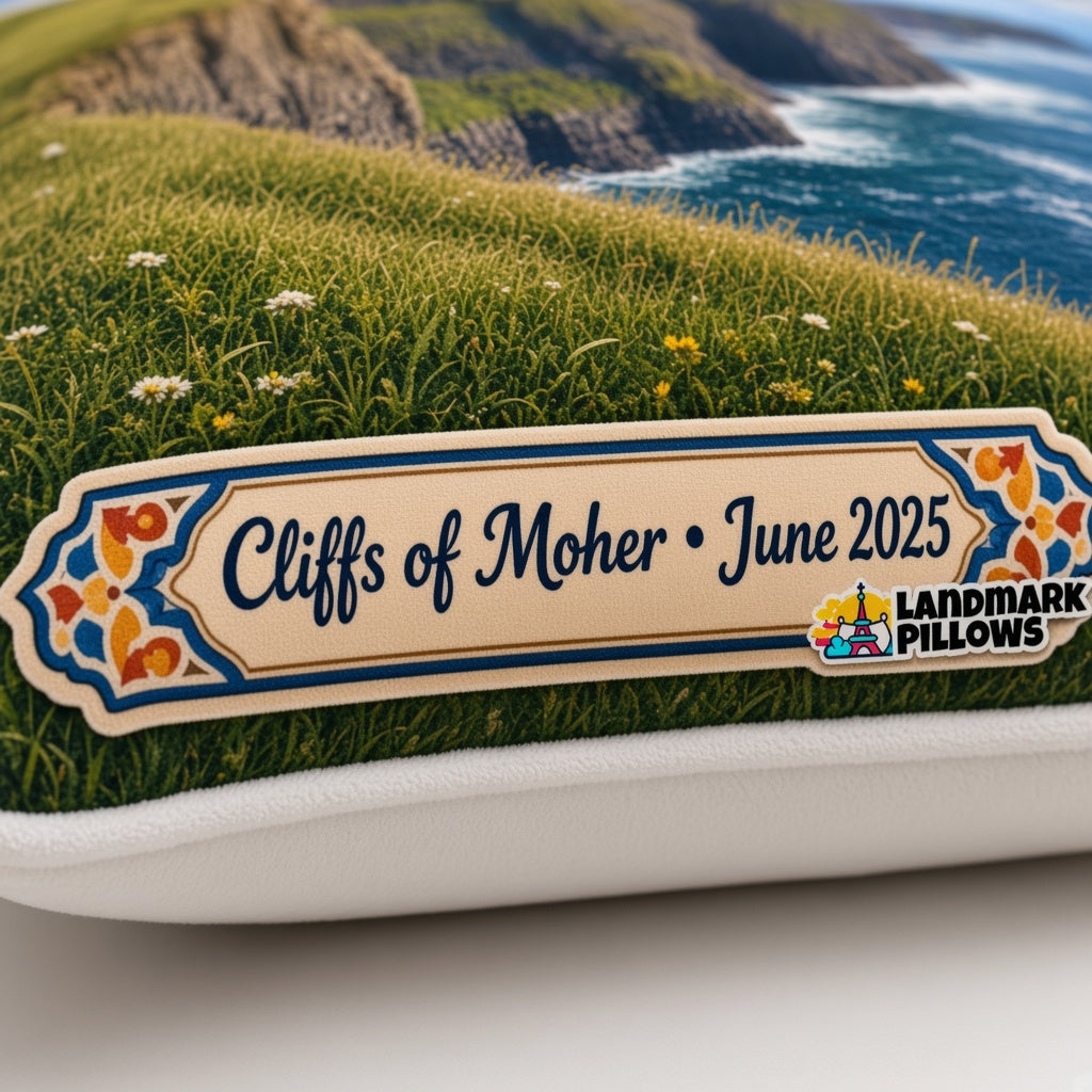 Cliffs of Moher Pillow — personalization plaque detail