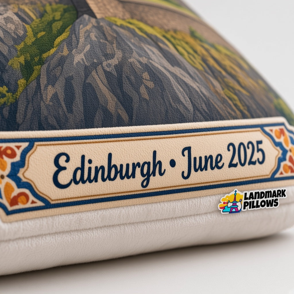 Edinburgh Castle Pillow — personalization plaque detail