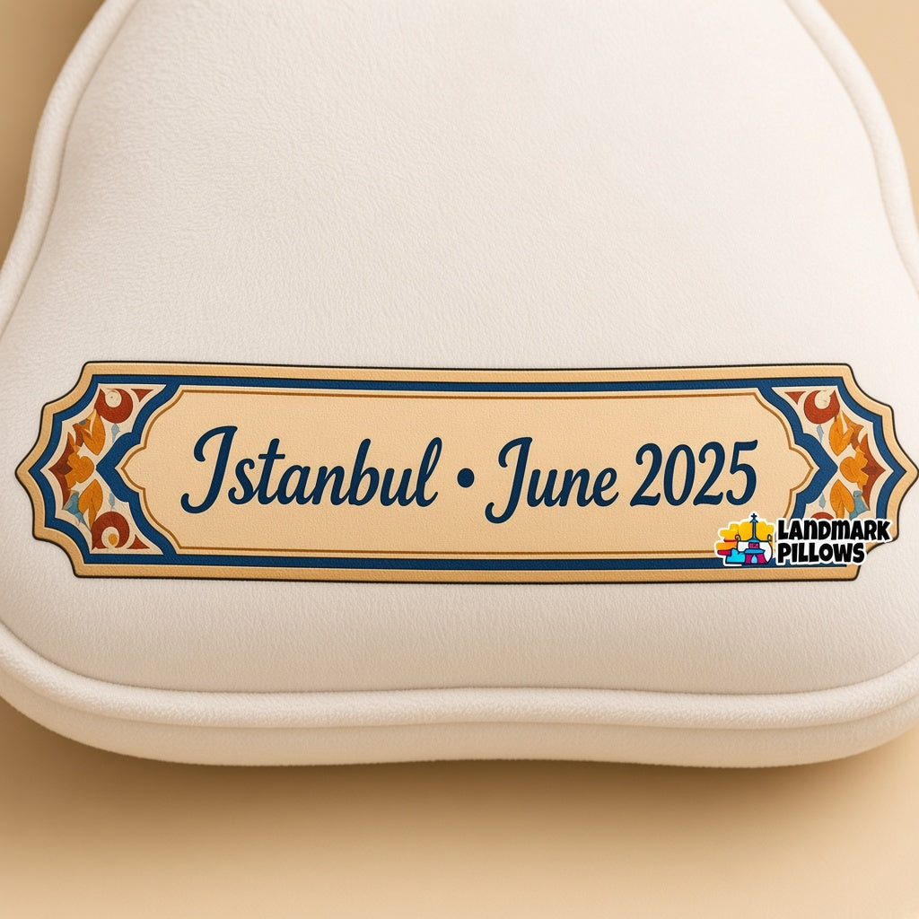 Galata Tower Pillow â€” personalization plaque detail