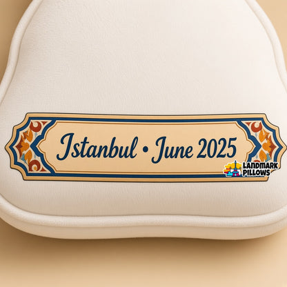 Galata Tower Pillow â€” personalization plaque detail