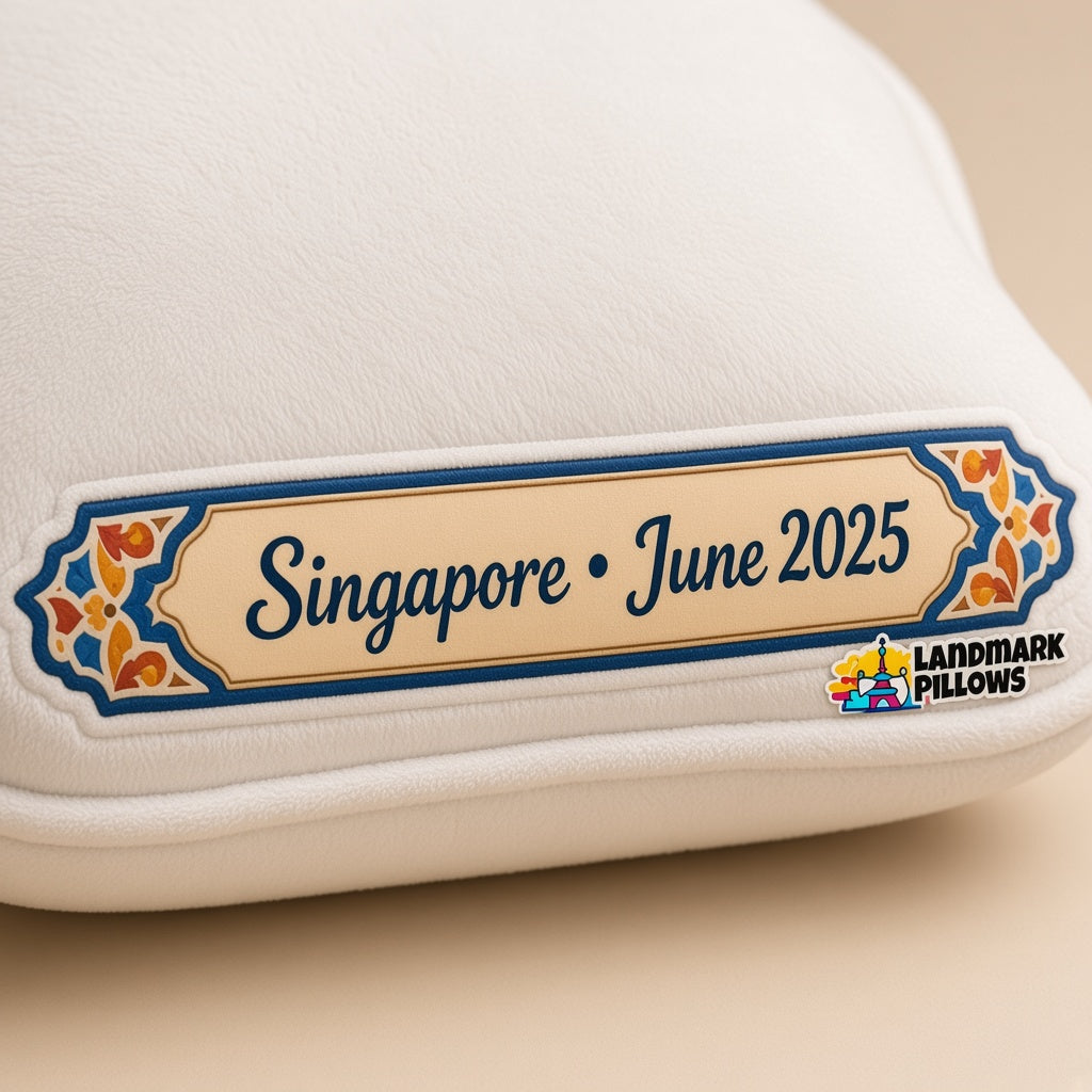 Gardens by the Bay Pillow â€” personalization plaque detail