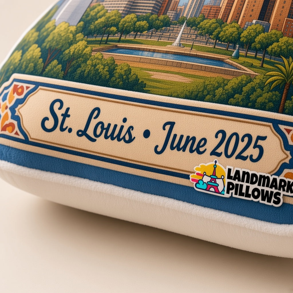 Gateway Arch Pillow — personalization plaque detail
