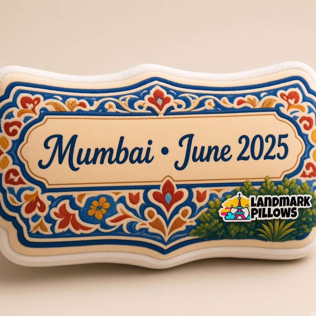 Gateway of India Pillow — personalization plaque detail
