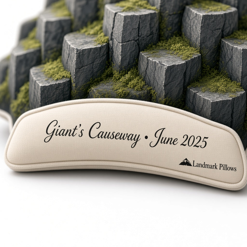 Giant's Causeway Pillow — personalization plaque detail
